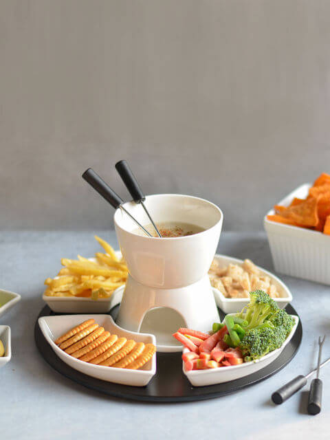 Ceramic Fondue Set Containing Wood Tray Plates, Skewers, Stand, Tea Light Candle and Fondue Pot with Burner