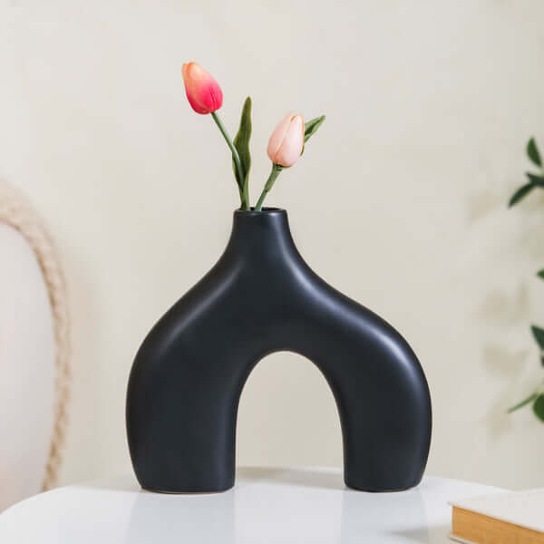 Ceramic, Matte Textured Abstract Vase in Black