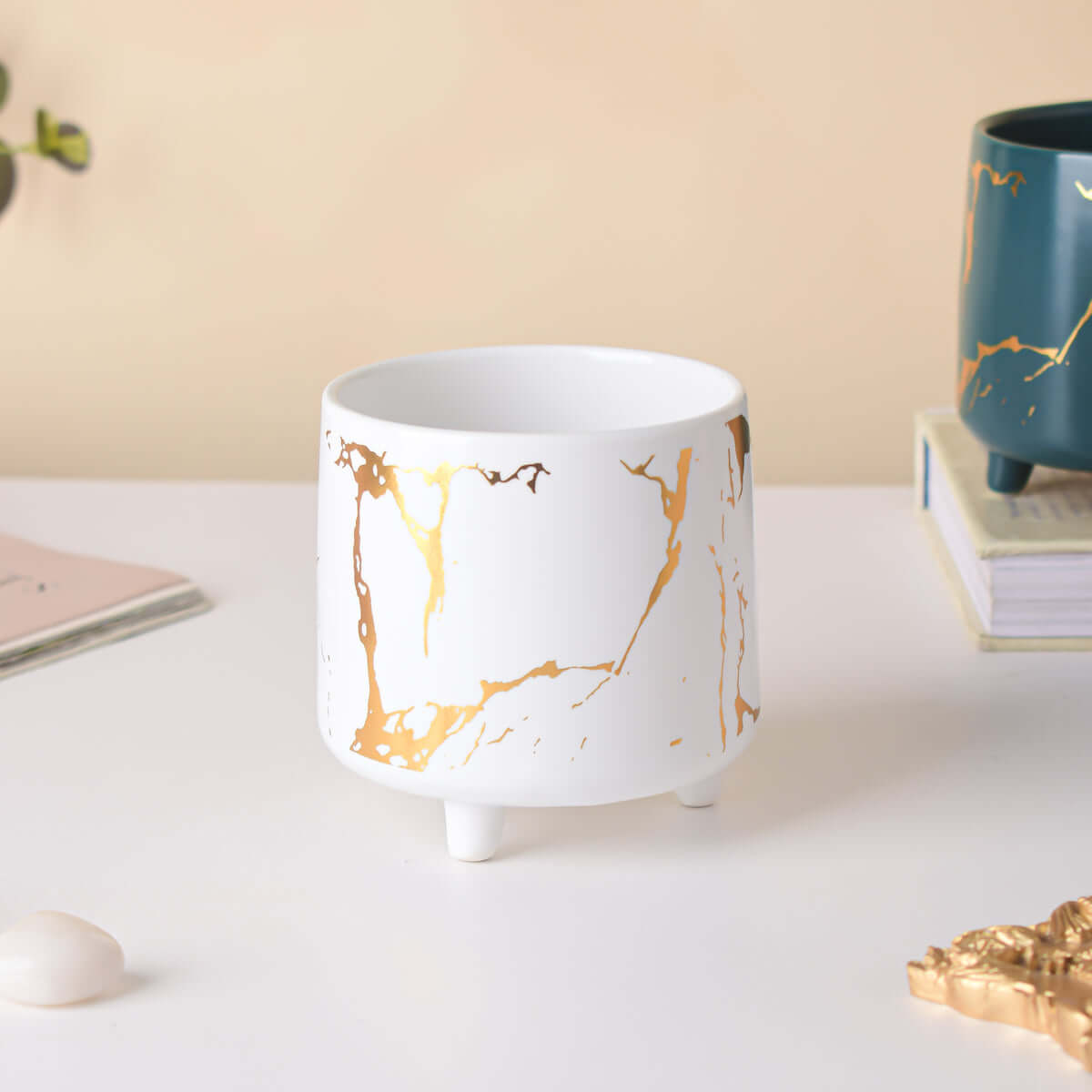 Ceramic Planter with Legs, White and Gold Marble Design