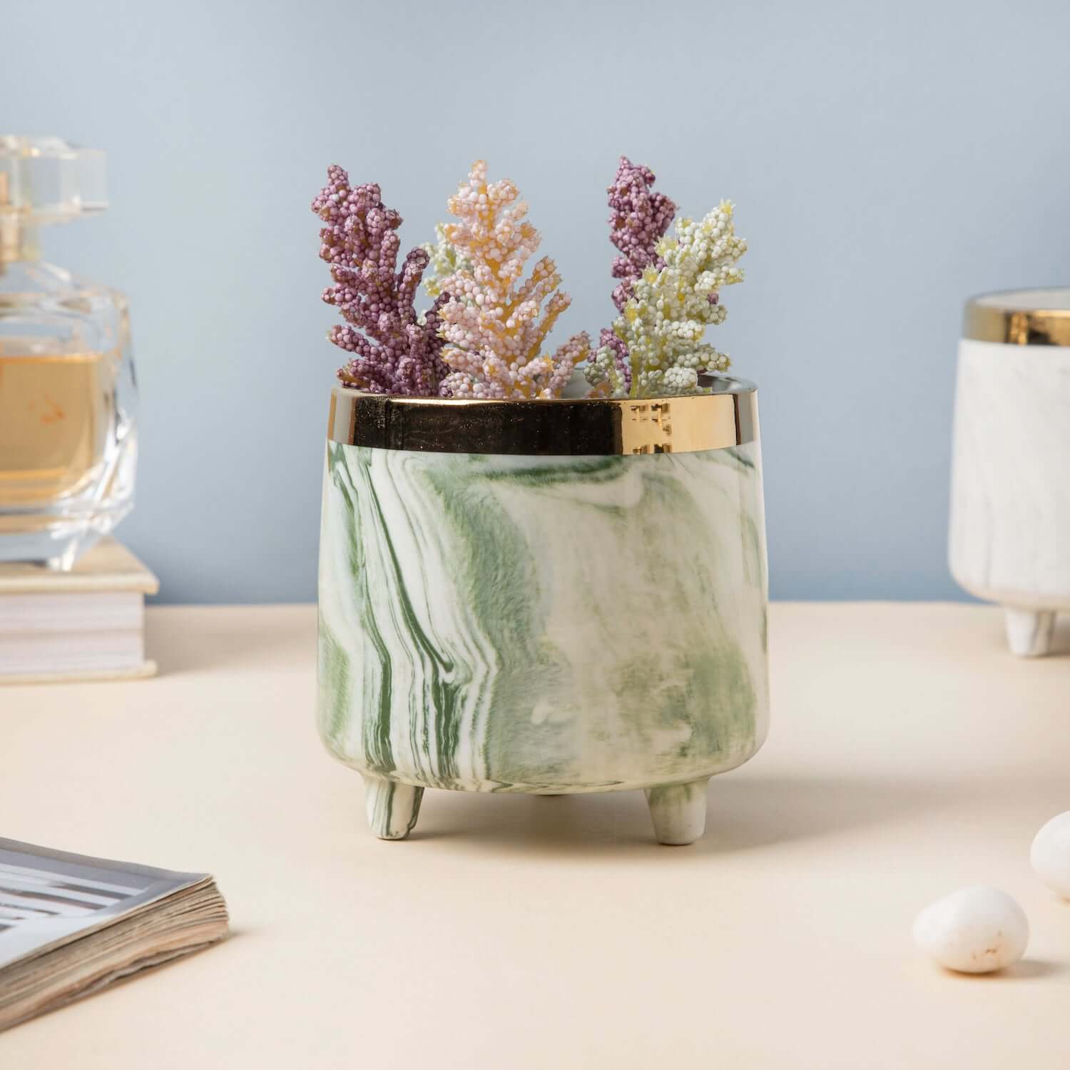 Ceramic Planter with legs, in Green Marble Design