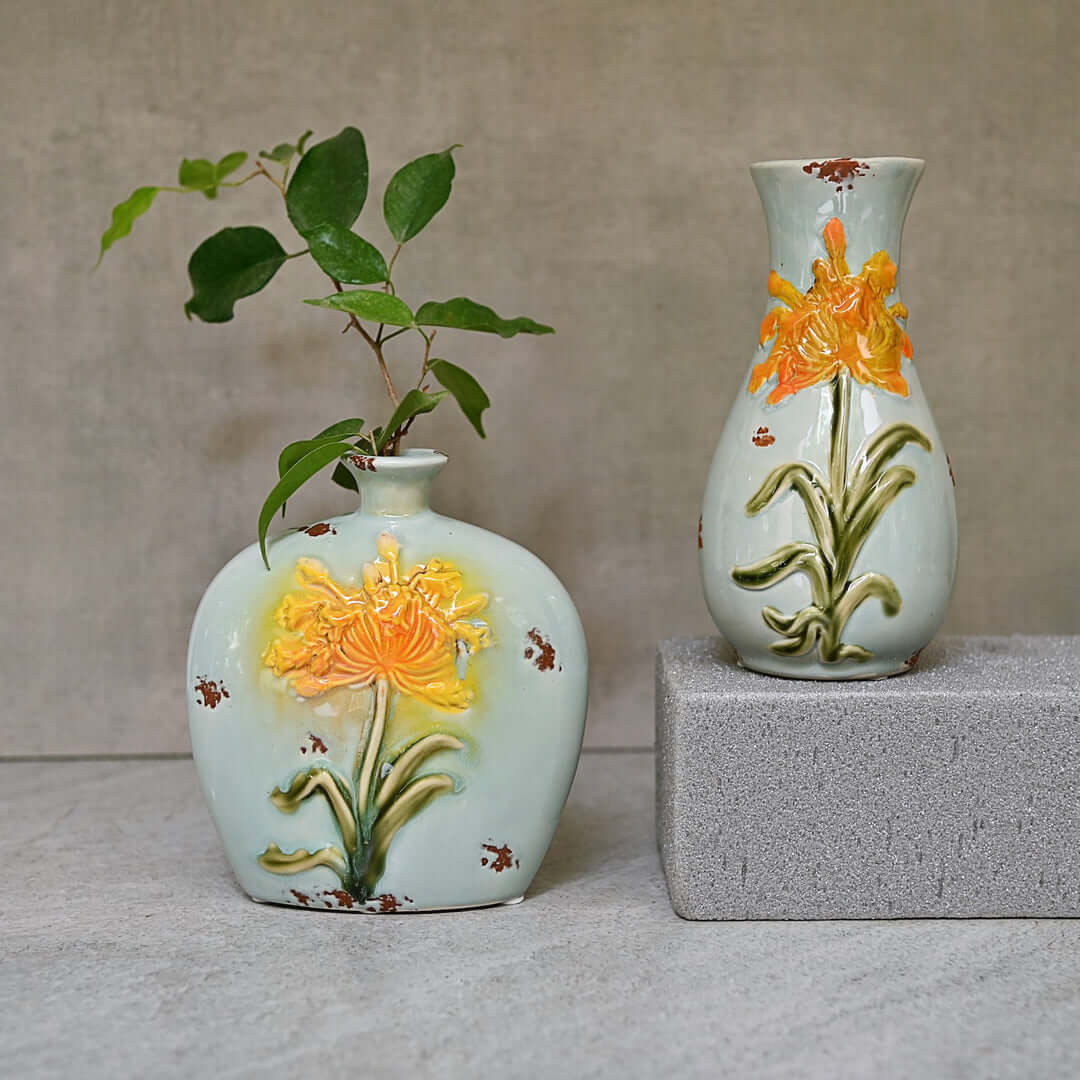Ceramic Vases with Sunflower Design, 2 Pieces