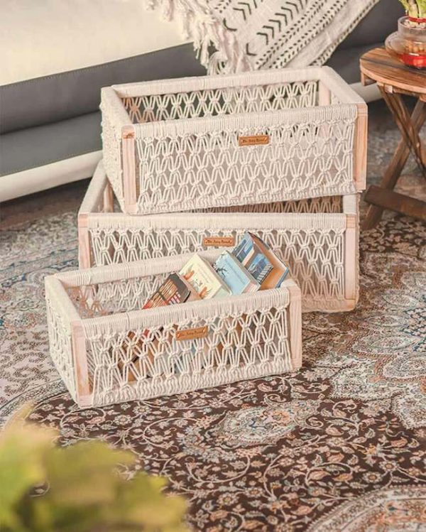 Cotton Thread and Wood Box Organisers Set of 3, Boho