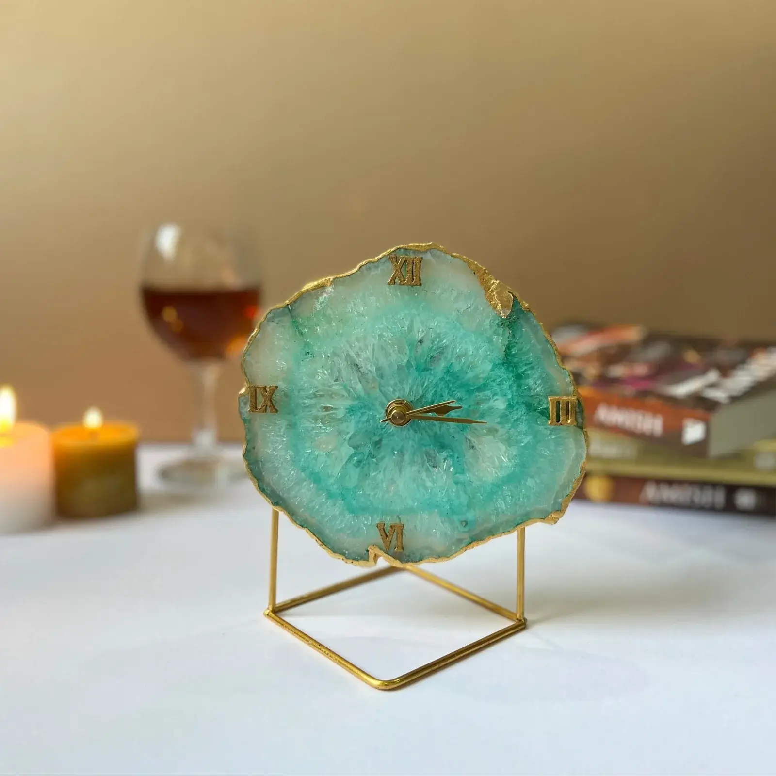 Crystal Agate Stone Desk Clock in Green (Colours Available)