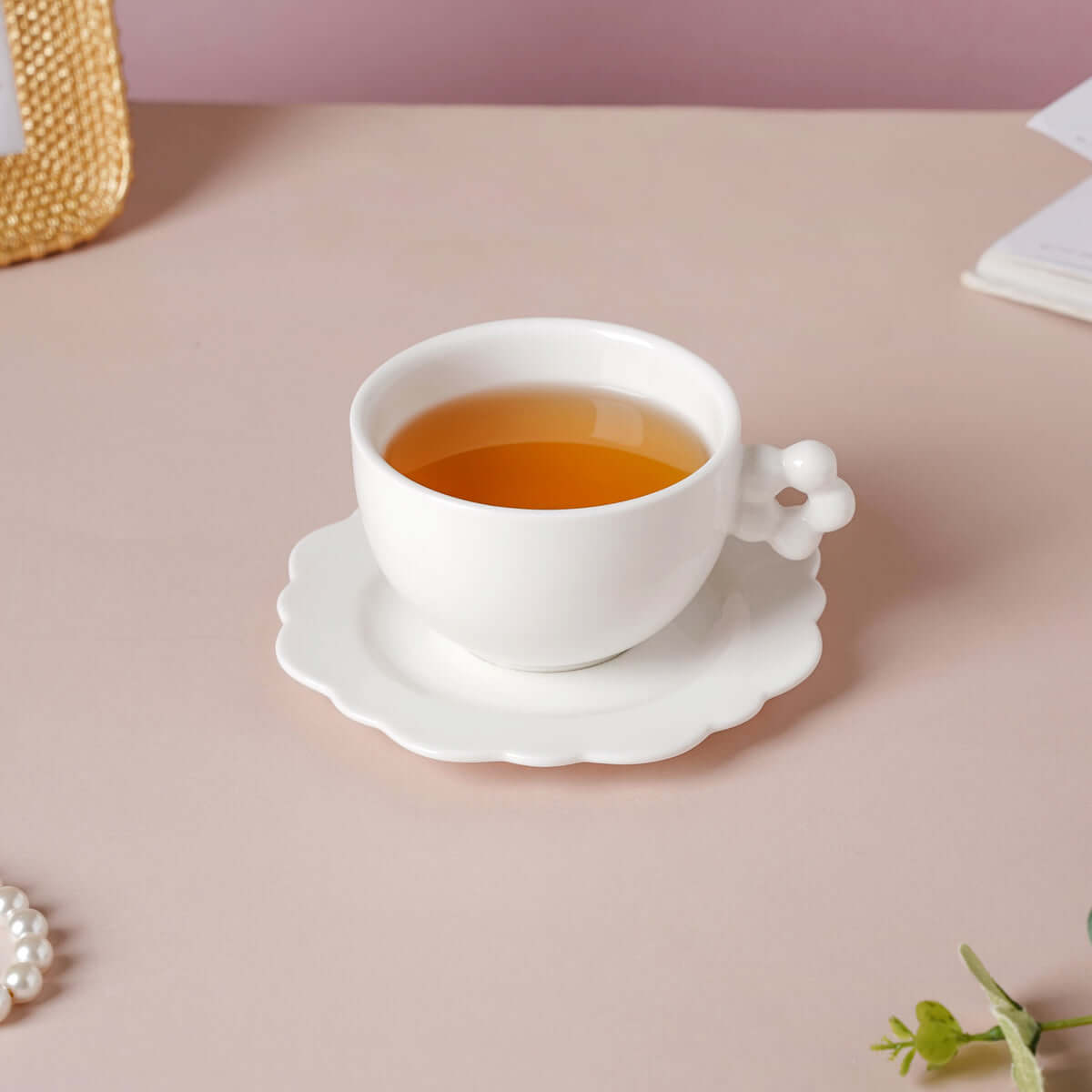 Cup and Plate Set with Flower Design in White, Riona