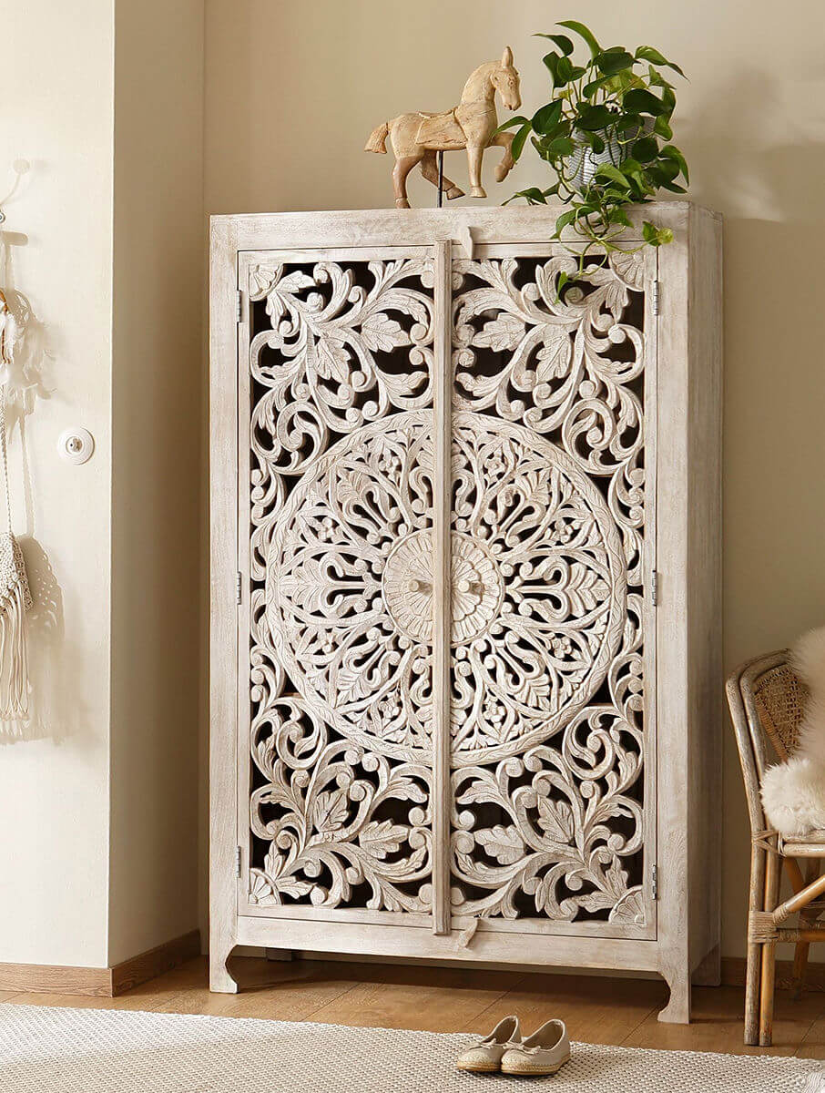 Distressed Wood, Handcarved Armoire in Mandala Floral Design, White