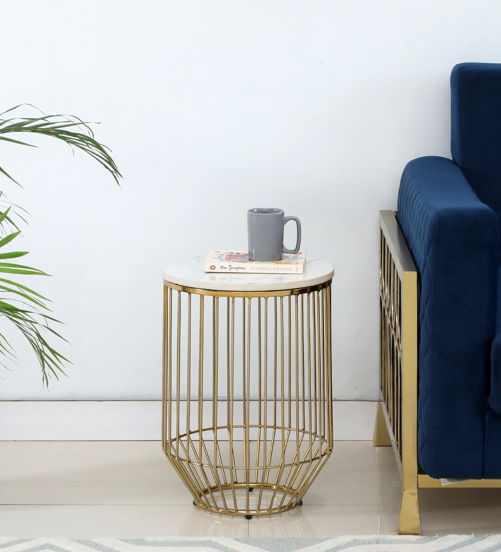 End Table with Gold Cage Base and White Stone Top