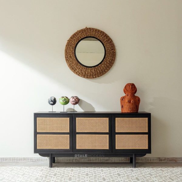 European Ash Wood and Rattan Sideboard, Novel