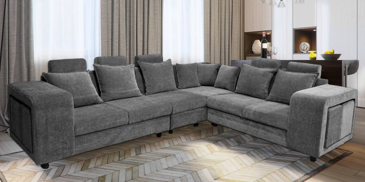 Fabric 6-Seater Sectional Sofa in Dark Grey, Amanda