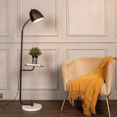 Floor Lamp with Marble Base and Attached Side Tray in Black, In My Mind