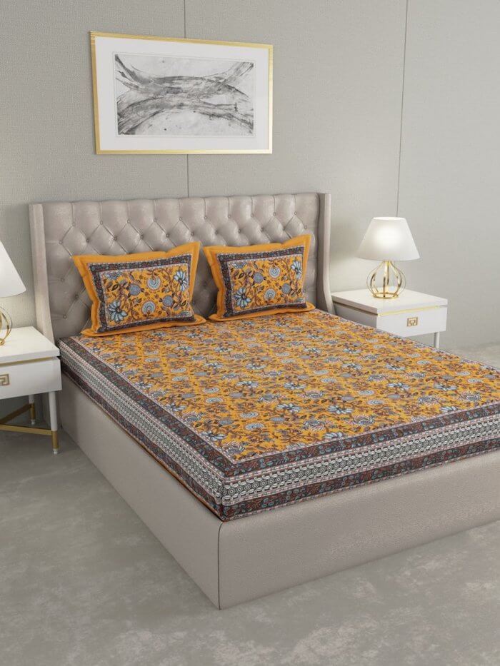 Floral, Hand-Printed Cotton Bedding Set, King Size in Mustard