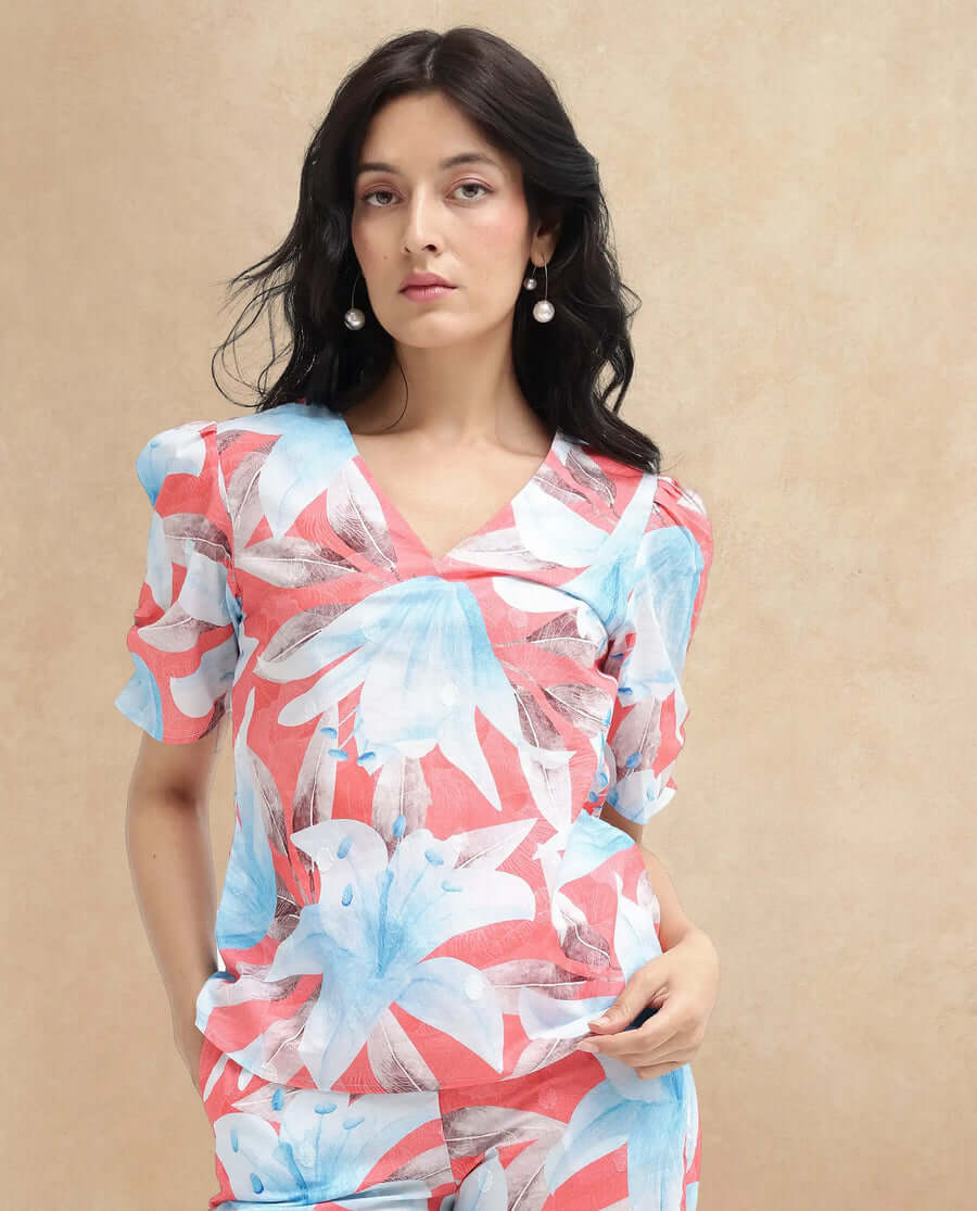 Floral Print Cotton Top With V-neck Housto-T - Pink