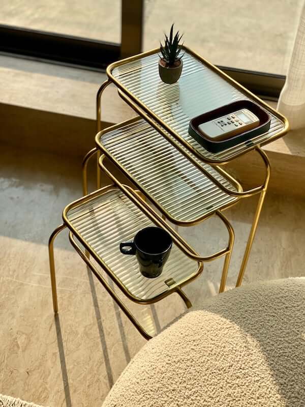 Fluted Iron and Glass Table Set of 3, Milan