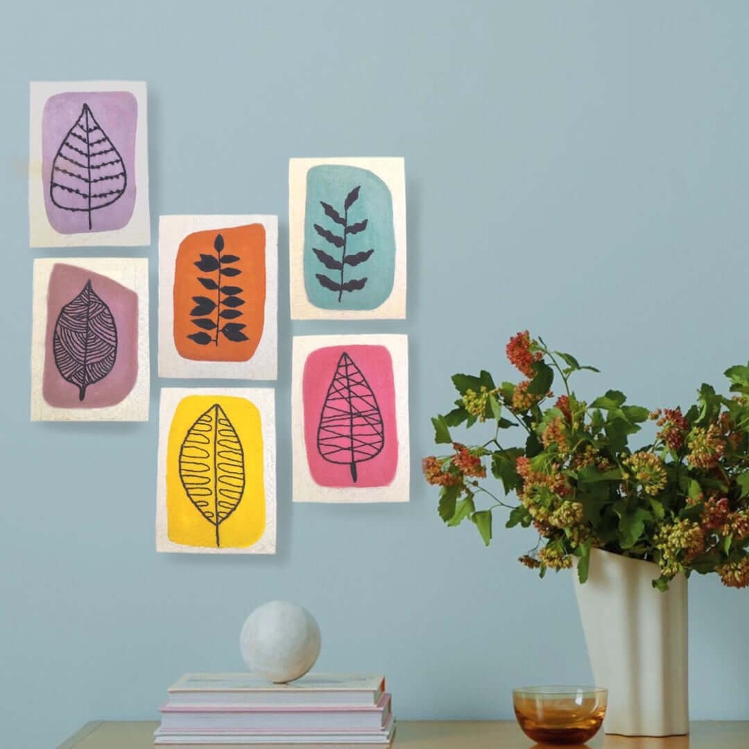 Hand Embroidered on Cotton Canvas Leaf Wall Art, Set of 3, Saawra