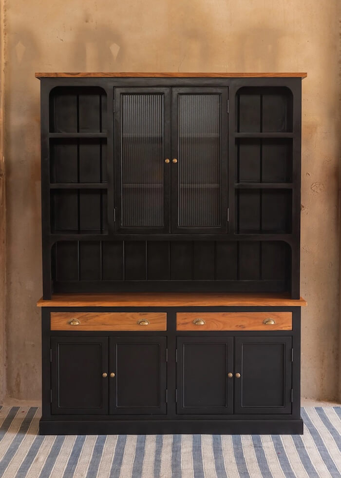 Handmade, Acacia Wood & E1 Grade MDF Display Cabinet in Black Antique and Acacia Natural, Athena