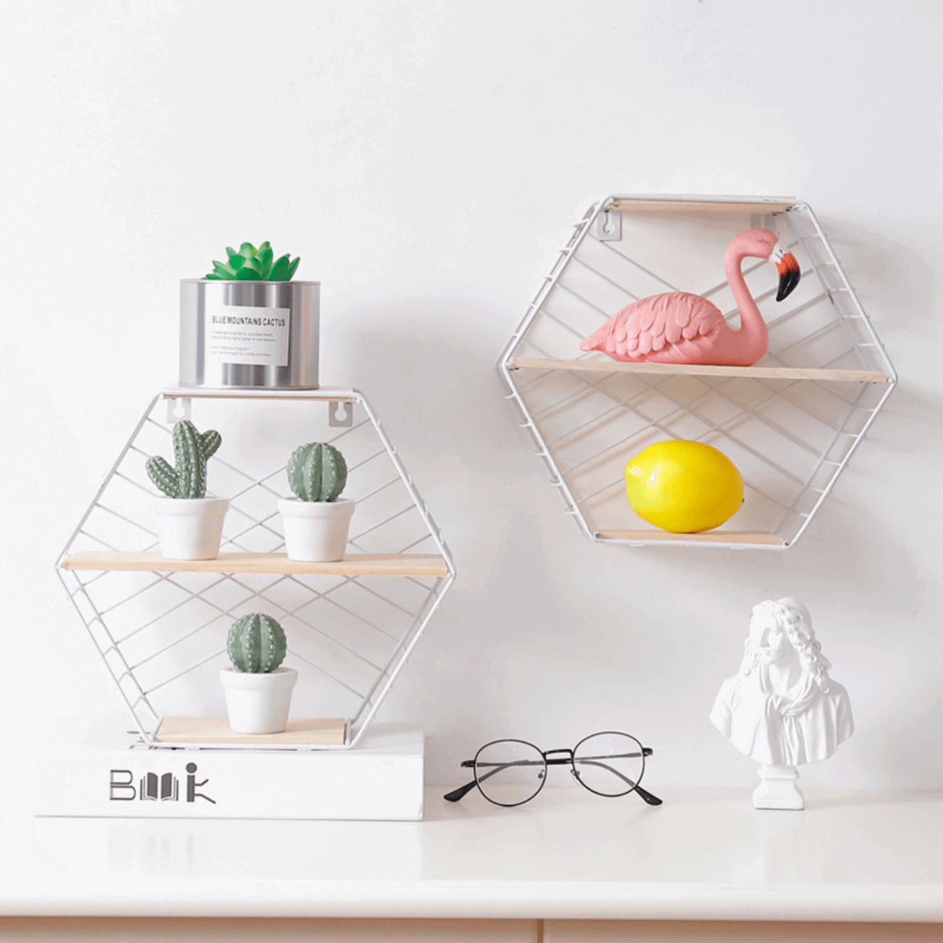 Hexagonal Wall Shelf, White and Brown