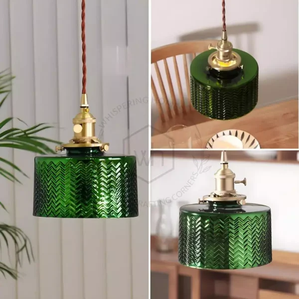 Japanese Style Glass Pendant Hanging Light in Emerald Green, Laminae