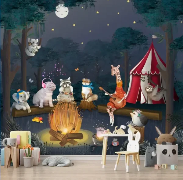 Jungle Bonfire with Animals Wallpaper for Toddlers & Kids