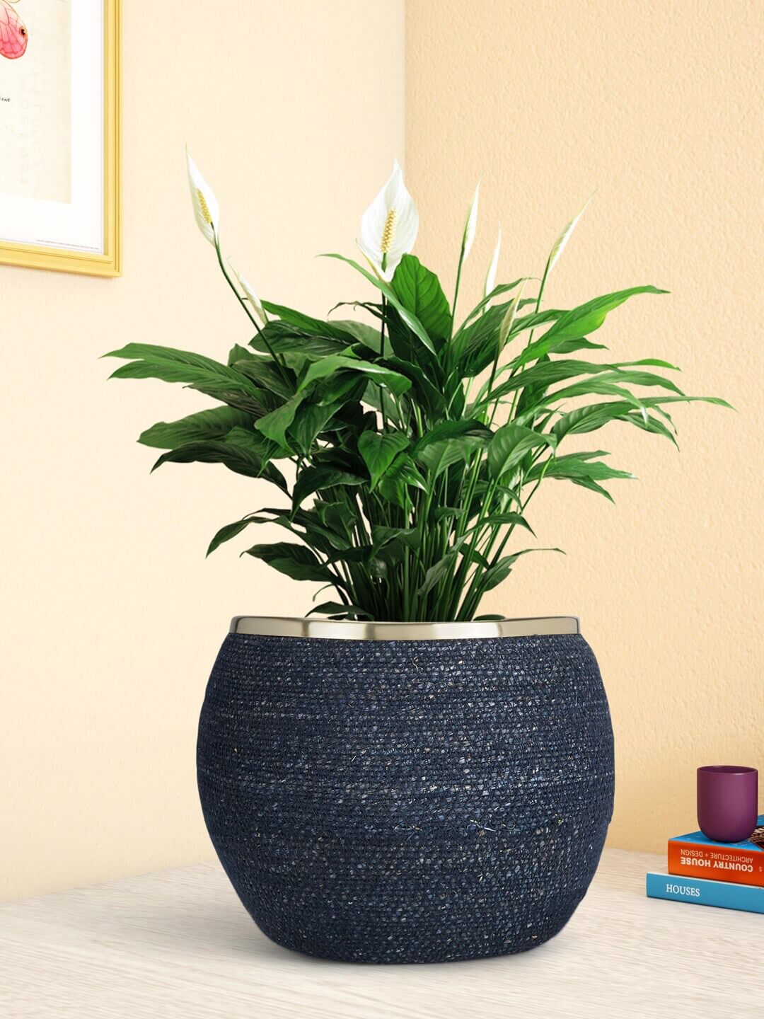 Jute Planter with Gold Rim in Navy Blue