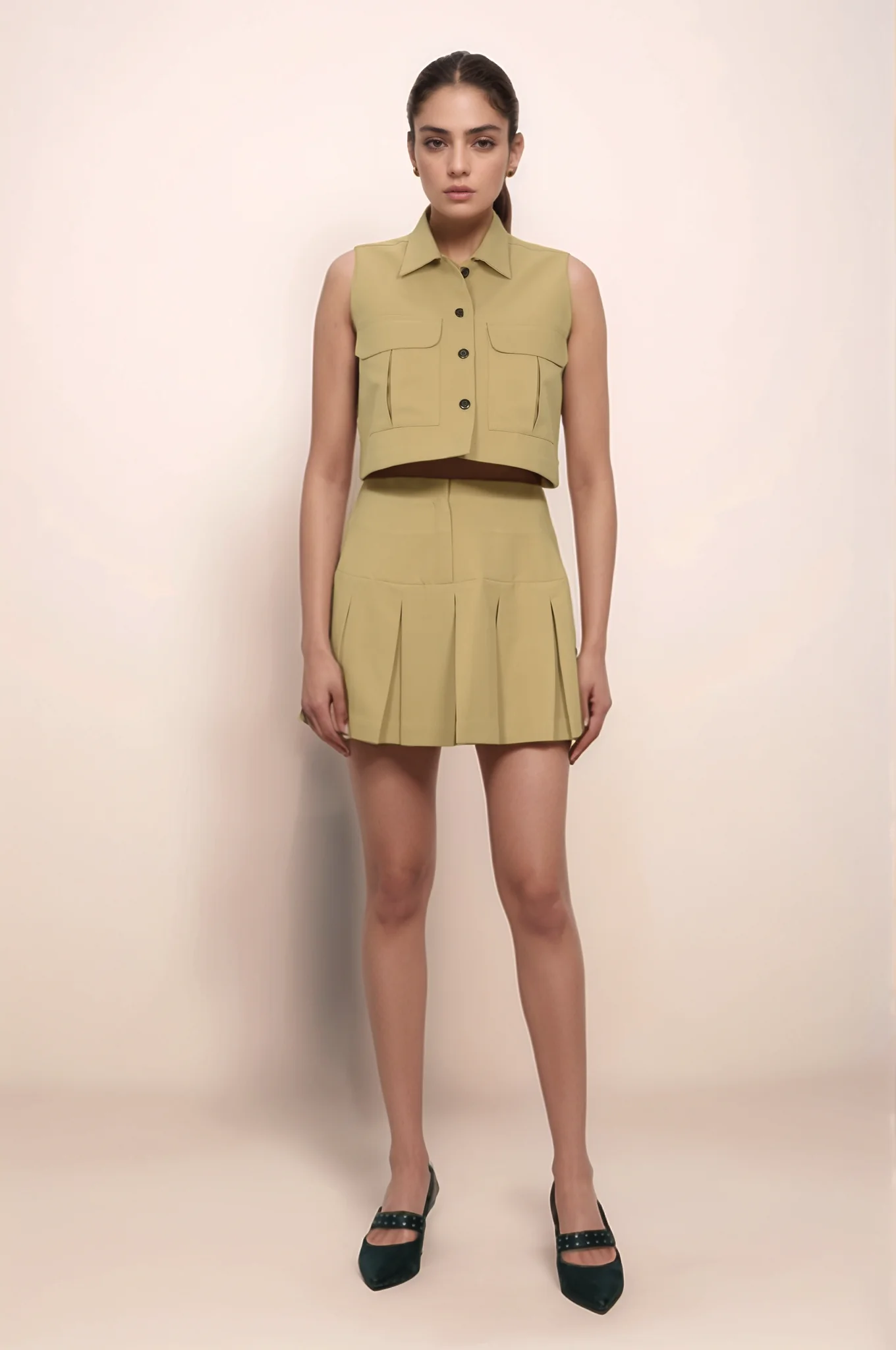 Khaki Crop Jacket Short Skirt Co-ord Suit