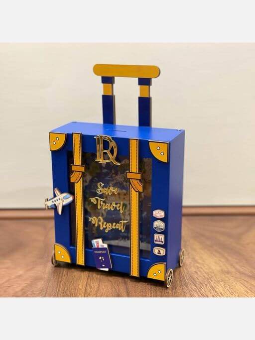 MDF Piggy Bank in Blue, Let’s Go Travel