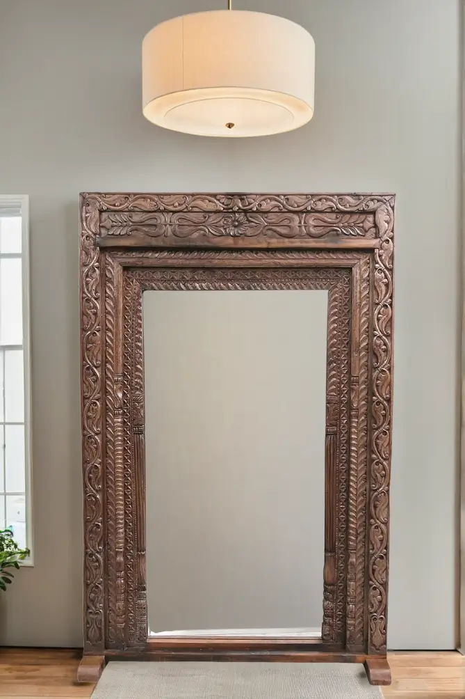 Mango Wood Antique Style Floor Mirror, The Sahadeva