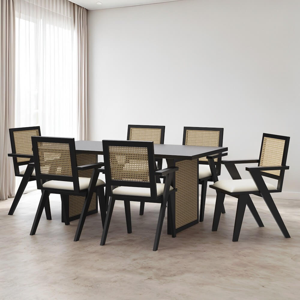 Mango Wood Dining Table and Chairs Set with Rattan Weave inset, Stanley Black Luxury (Sizes and Customisation Available)
