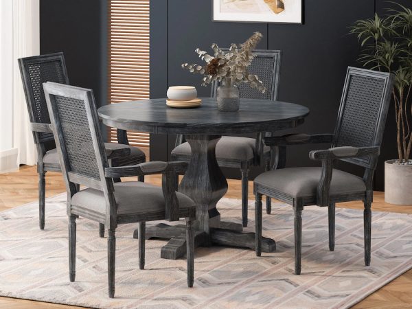 Mango Wood, Fabric and Cane 4-Seater Dining Table Set #31, Black Marina