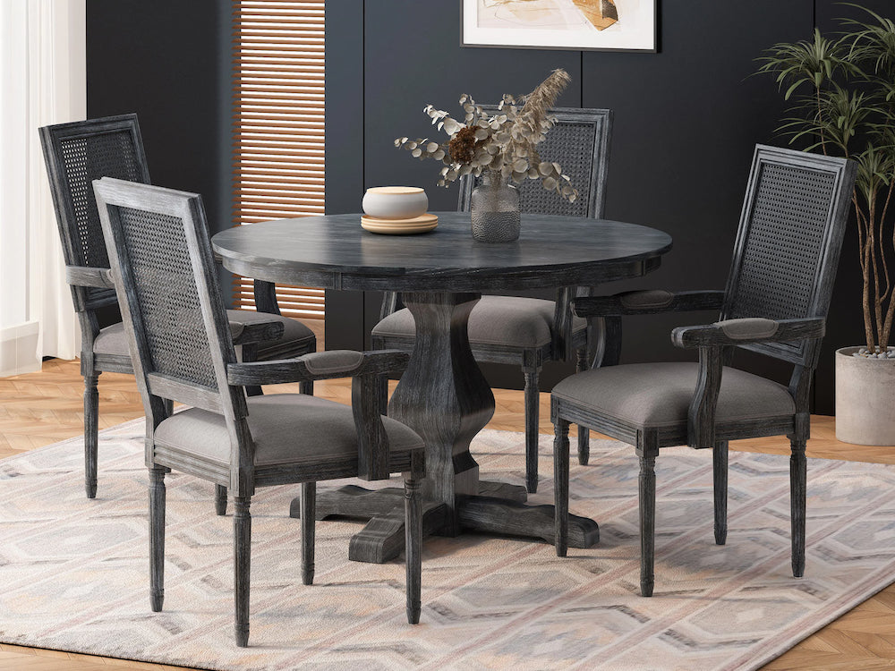 Mango Wood, Fabric and Cane 4-Seater Dining Table Set #31, Black Marina