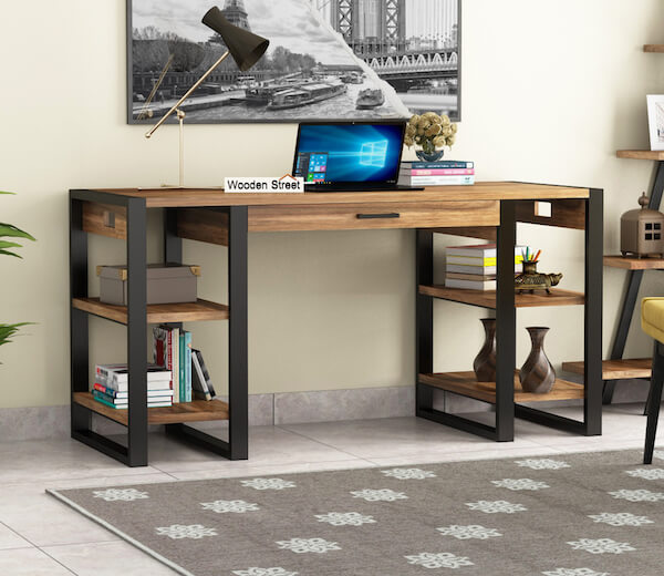 Mango Wood & Metal Study Table in Natural Finish, Flex