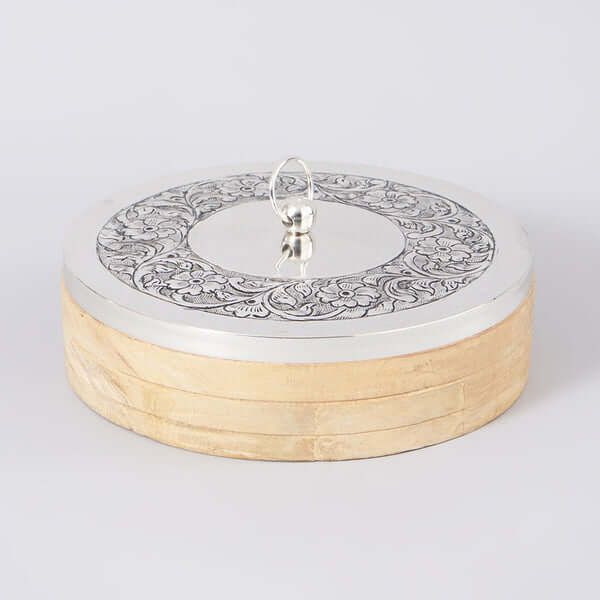 Mango Wood Roti Box with Brass (Silver Plated) Lid