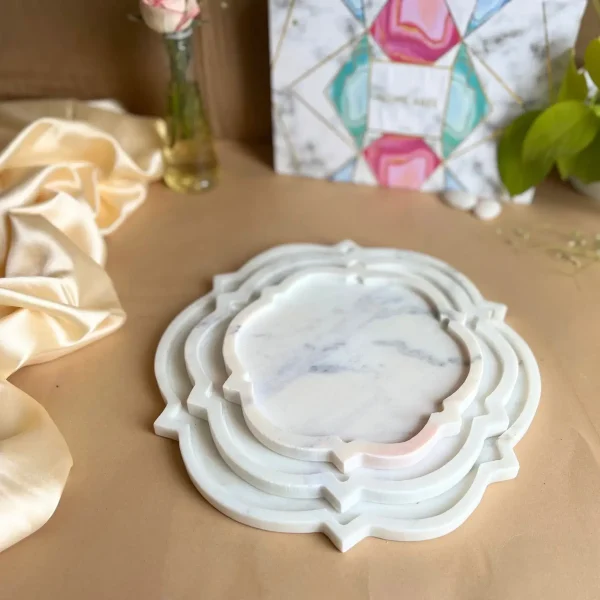 Marble, Floral Pattern Platter in White (Set of 3)