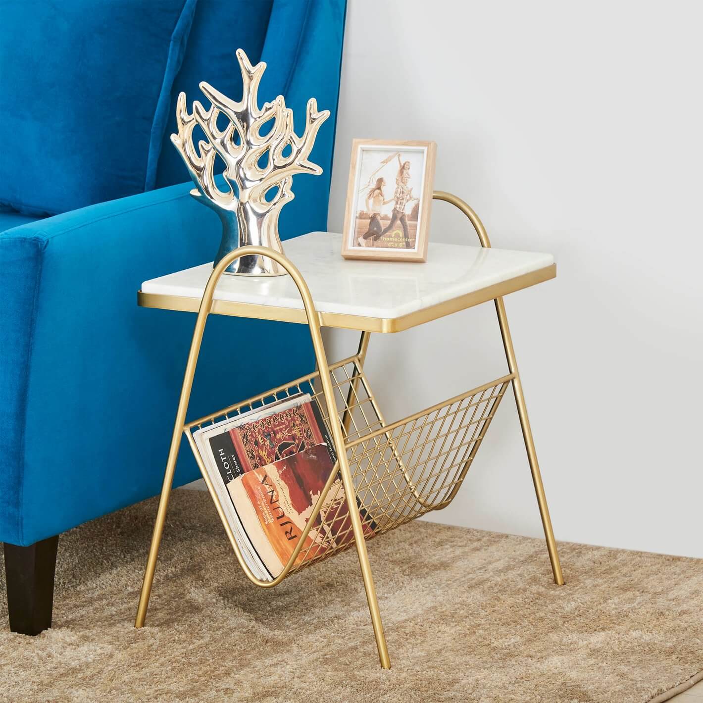 Marble Top and Gold base End Table with Magazine Holder Rack