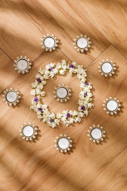 Metal, Fabric and Artificial Pearl Beads Diyas, Set of 10