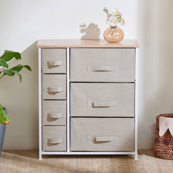 Metal Frame, Polyester & Cotton 7-Drawer Storage Cabinet in Beige, Helios Ethan