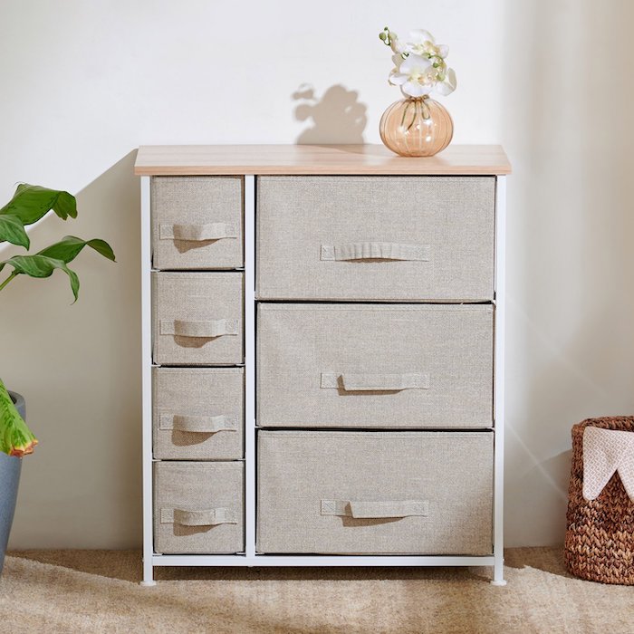 Metal Frame, Polyester & Cotton 7-Drawer Storage Cabinet in Beige, Helios Ethan