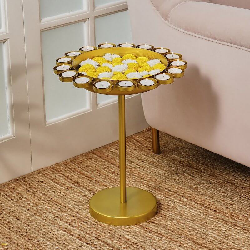 Metal Urli Accent Table (for Candles or Flowers) in Gold, Maya Ojas