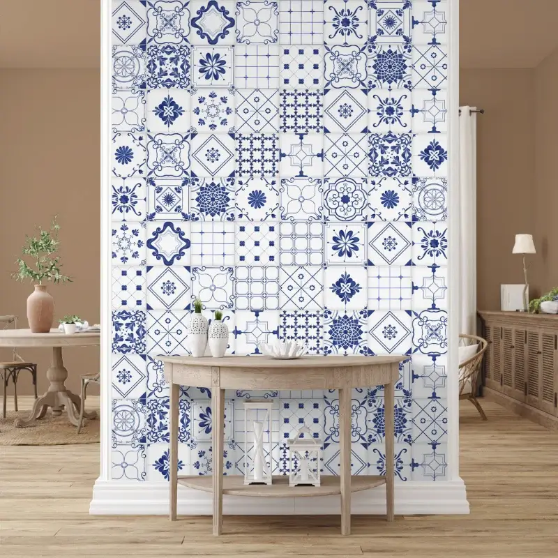 Moroccan Blue & White Tiles Design Wallpaper