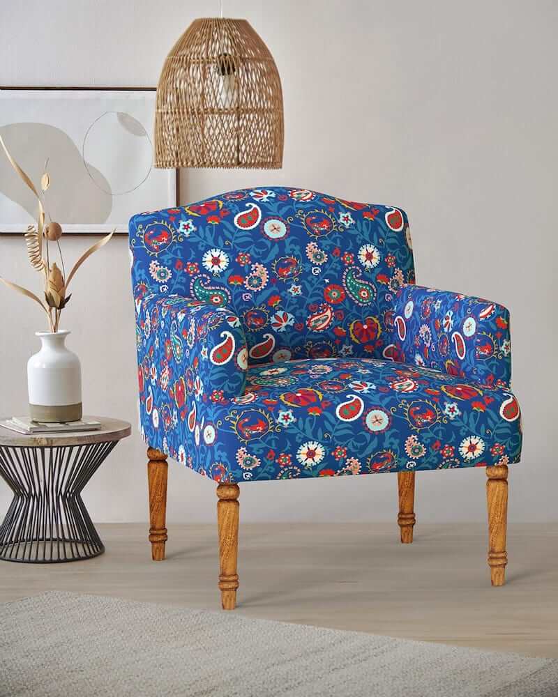 Nawaab-Inspired , Sheesham Wood Arm Chair in Indian Paisleys Blue