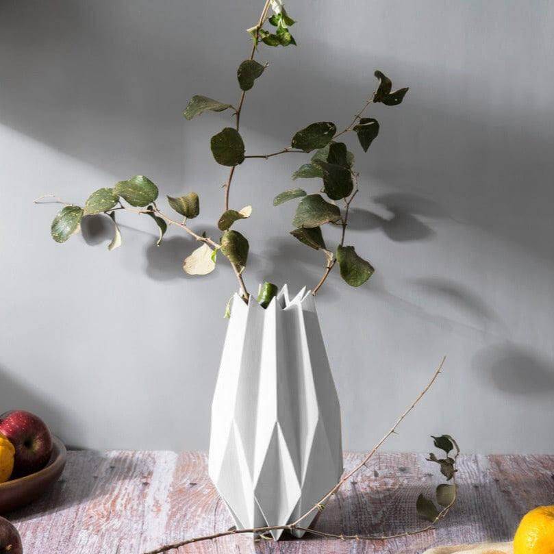 Origami Patterned Tall Porcelain Vase in White