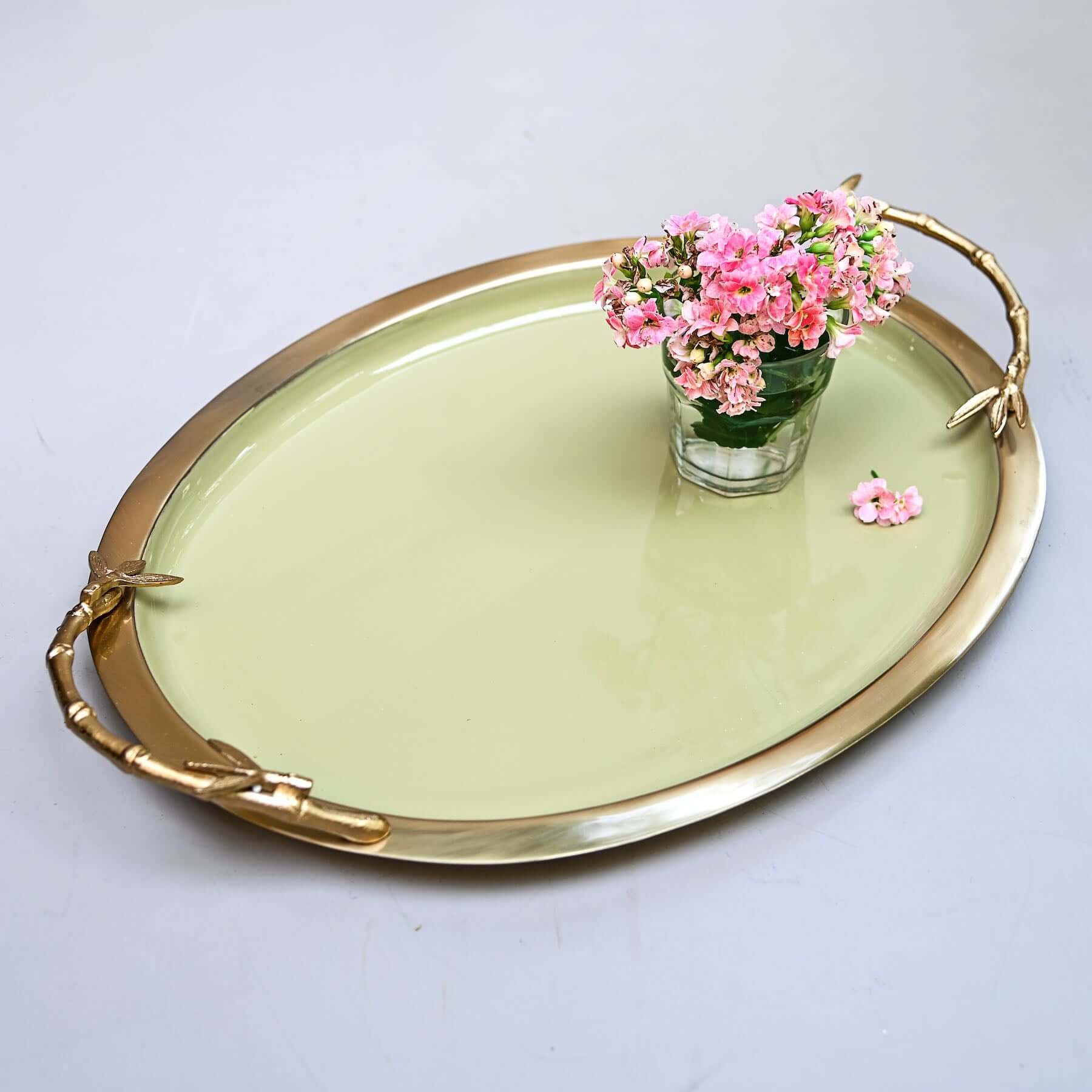 Oval Enamelled Tray in Gold and Green