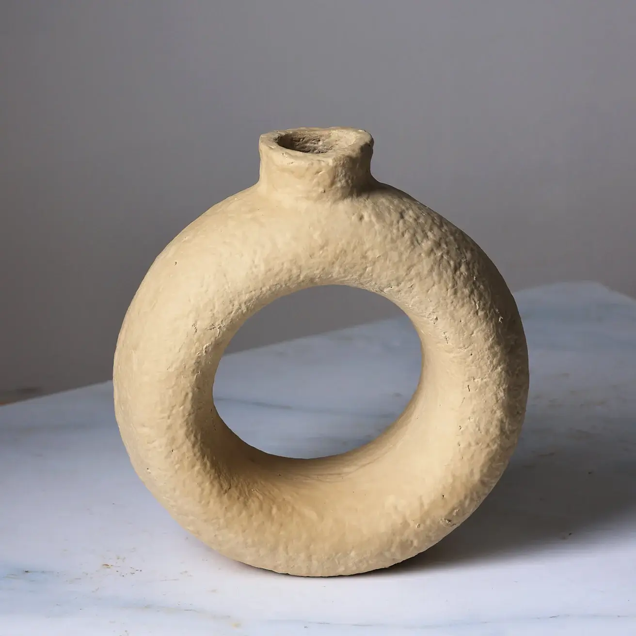 Paper Mache, Doughnut-Shaped Vase in Creme
