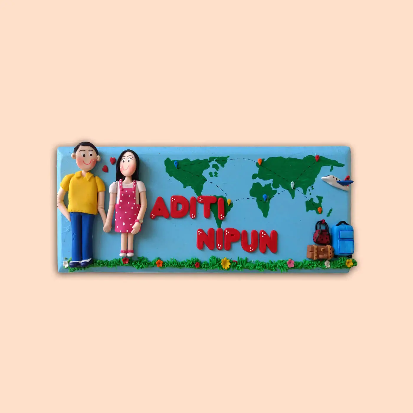 Personalised MDF and Clay Travel Name Plate for Couple