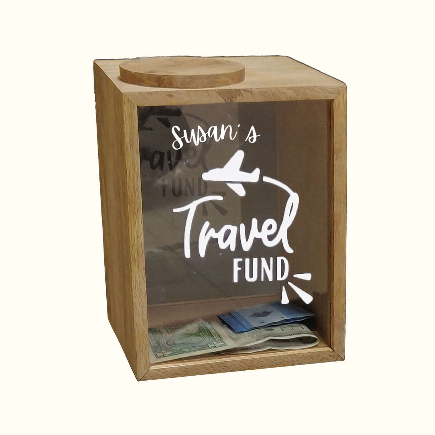 Personalised Wood and Acrylic, Travel Fund Piggy Bank