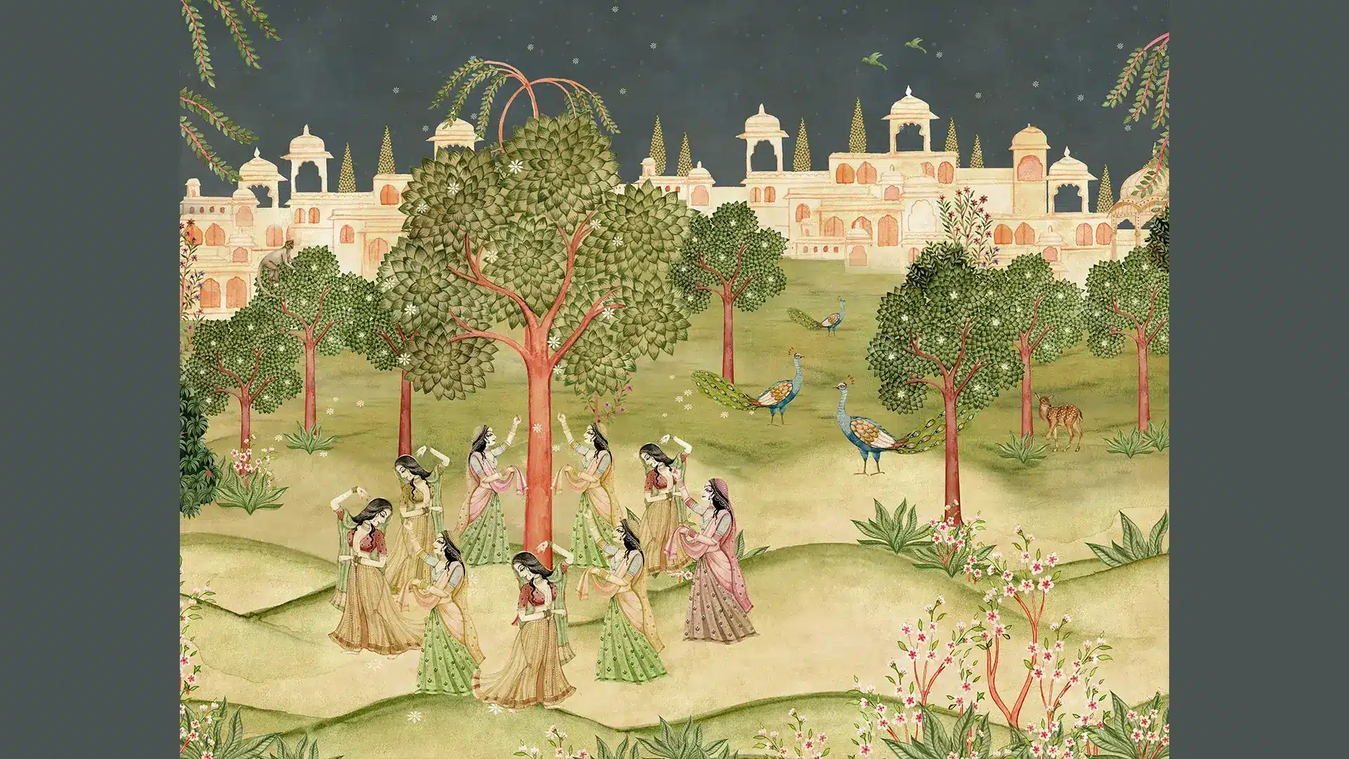 Pichwai Wallpaper of Vrindavan Palaces, Gopis