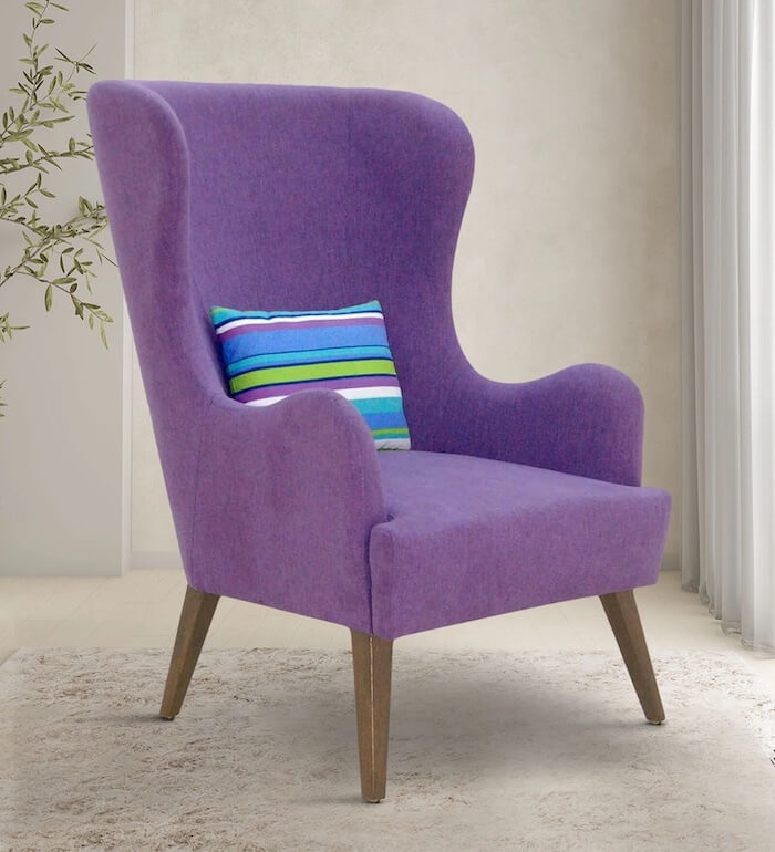 Pine Wood Wing Chair with Polyester Upholstery in Purple, Cecelia