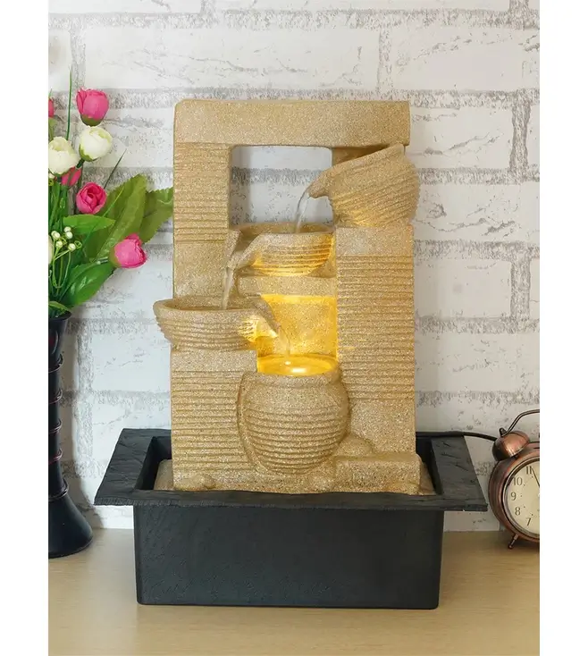 Polyresin, Textured Water Fountain With Yellow LED Light