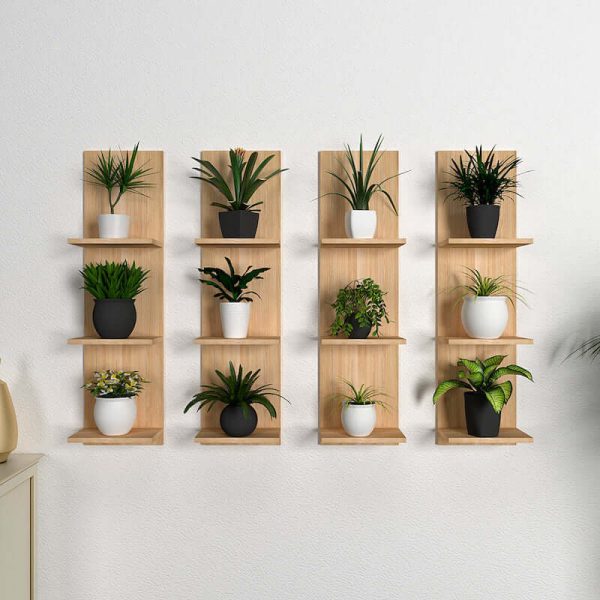 Pre-laminated Engineered Wood, Vertical Oak Finish Planter Shelves, Set of 4