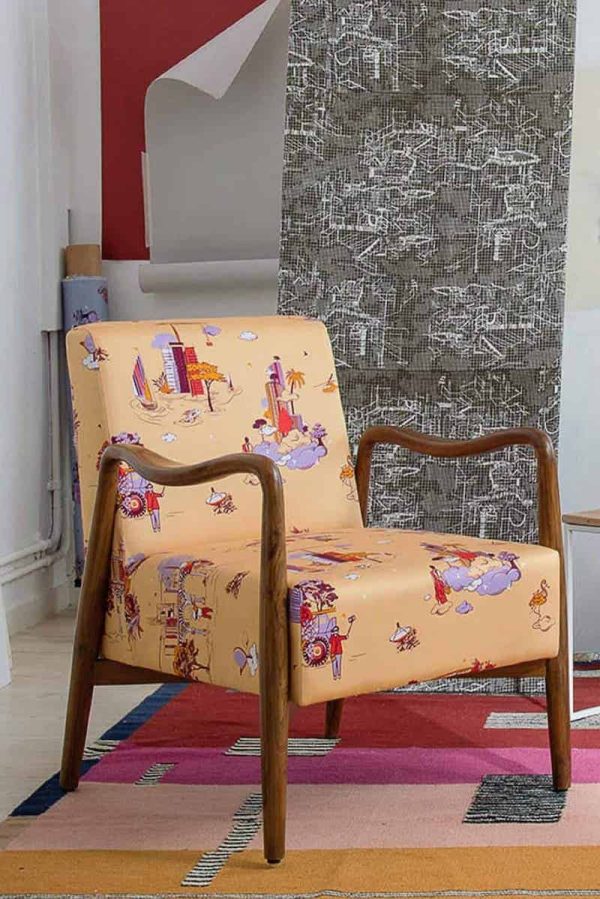 Printed Cotton-Satin Upholstery Fabric, City Toile
