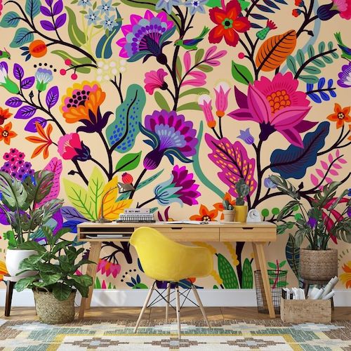 Prismatic Tropical Leaves & Birds Wallpaper