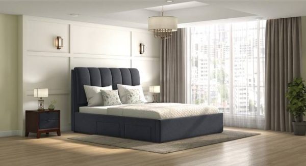 Queen Size Bed in Engineered Wood with Drawer Storage, Upholstered Finish